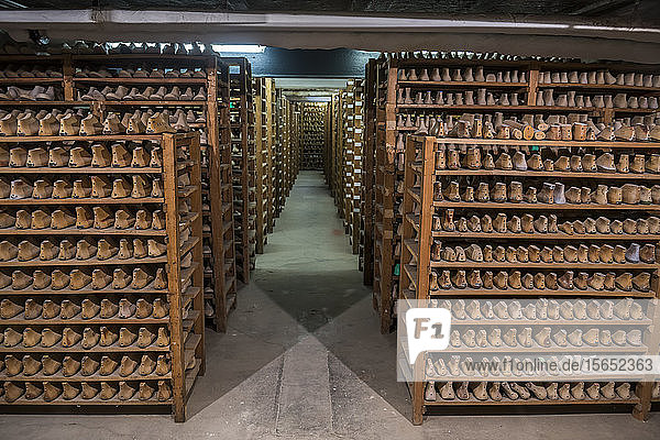 Wooden shoes arranged on shelves in Fagus Factory  Lower Saxony  Germany