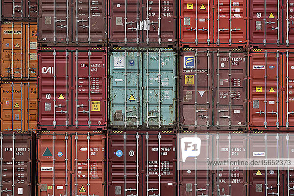 Full frame shot of cargo containers at commercial dock in Frankfurt Osthafen  Germany