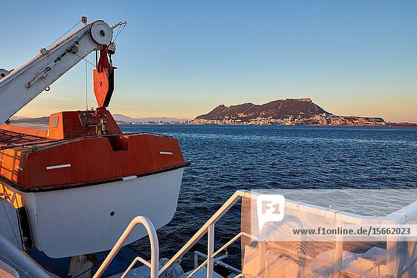 Ferry crossing the Strait of Gibraltar from Morocco to Spain  In the background Rock of Gibraltar  Africa  Europe