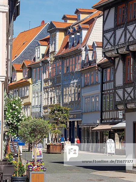 Old town houses buildt with traditionl timber framing at the Marktstrasse. The medieval town and spa Bad Langensalza in Thuringia. Europe  Central Europe  Germany.