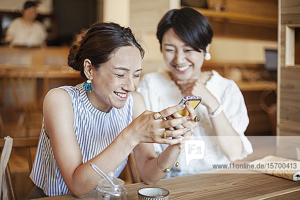 Two Japanese women sitting at a table in a vegetarian cafe  using mobile phone.