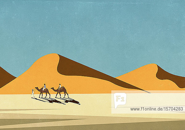 Touristen reiten auf Kamelen in sonniger  abgelegener Wüstenlandschaft