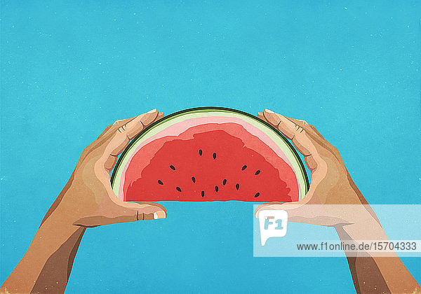 Persönliche Perspektive Hände halten Wassermelonenscheibe