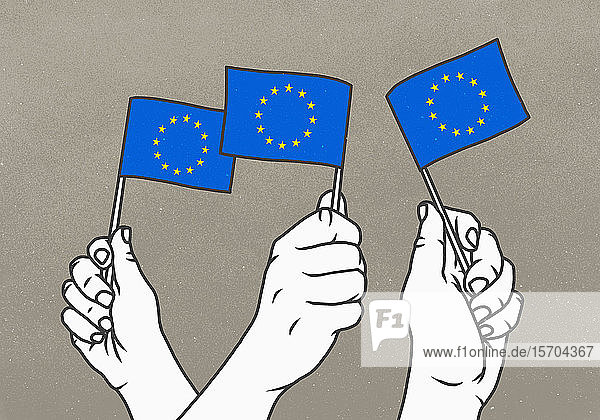 Hände  die kleine Flaggen der Europäischen Union schwenken