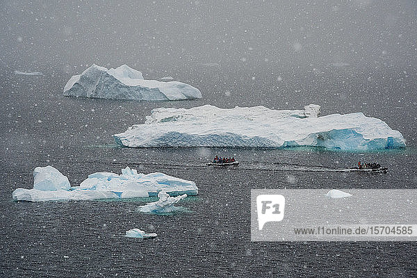 Touristen in Schlauchboot fahren im Schneesturm an Eisbergen vorbei  Portal Point  Antarktis