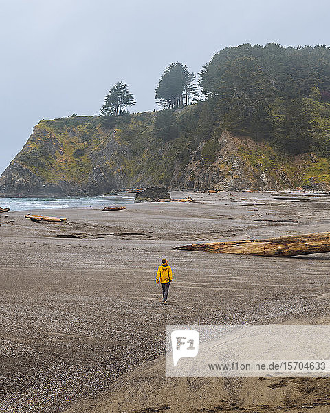 Wanderin  die am Strand an einem nebligen Nachmittag am Strand spazieren geht  Kalifornien  USA
