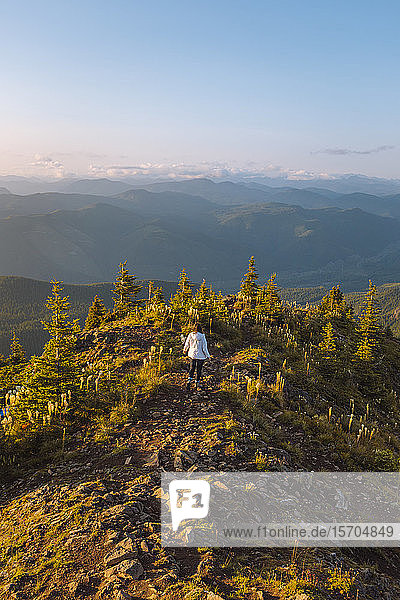 Wanderin geniesst Aussicht auf den Gipfel  Kelly Butte Lookout Tower  Mount Rainier National Park  Washington  USA