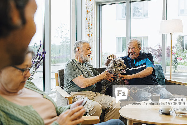 Smiling senior men stroking dog sitting on sofa against window at elderly nursing home