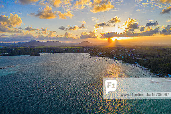 Sunset over Trou d'Eau Douce bay  aerial view  Flacq district  East coast  Mauritius  Indian Ocean  Africa