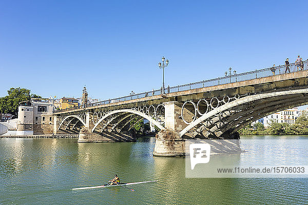 Ruderer unter der Triana-Brücke über den Fluss Guadalquivir  Stadtteil Triana  Sevilla  Spanien  Andalusien  Spanien  Europa