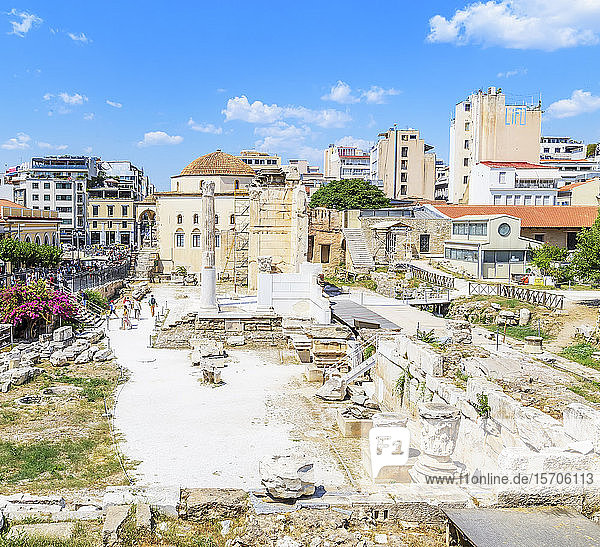 Remains of the Hadrian's Library and the old mosque in Monastiraki square, Athens, Greece, Europe