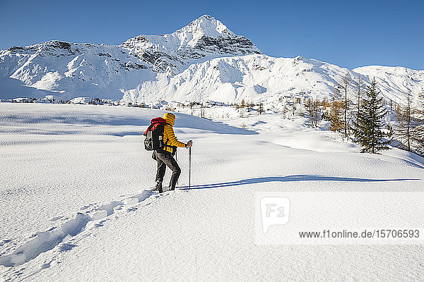 Wandern mit Schneeschuhen in den Bergen  Valmalenco  Sondrio  Italien