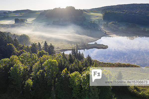 Deutschland Bayern Oberbayern Tölzer Land Schädlich Blick auf den Teich in der Landschaft bei Morgenlicht und Nebel