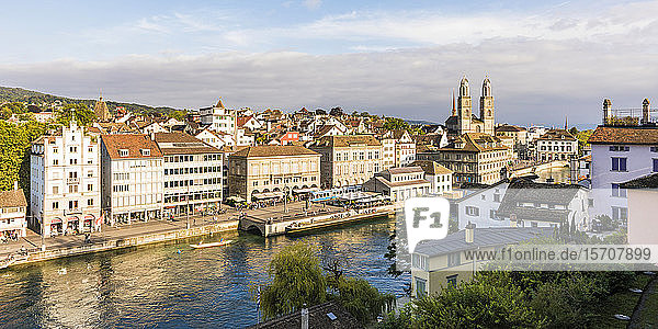 Switzerland  Canton of Zurich  Zurich  River Limmat and old town buildings along Limmatquai street