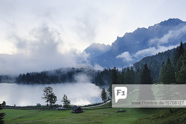 Germany  Bavaria  Mittenwald  Misty morning at Lautersee lake