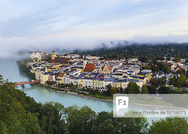Germany  Bavaria  Wasserburg am Inn  Aerial view of thick morning fog shrouding old riverside town