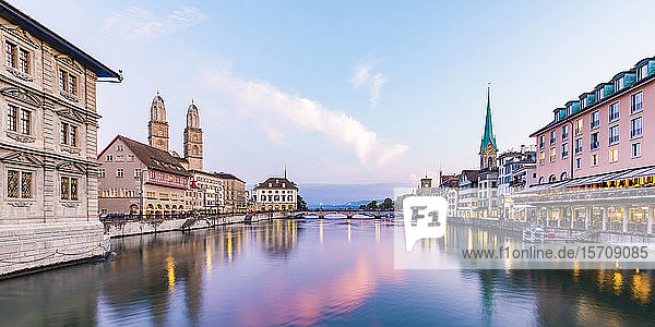 Switzerland  Canton of Zurich  Zurich  River Limmat between old town waterfront buildings at early dusk