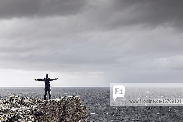 Back view of man standing on rocky cliff looking at horizon  Cape Point  Western Cape  South Africa