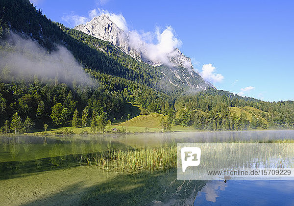 Deutschland  Bayern  Mittenwald  Panoramablick auf den Ferchensee mit den Wettersteinspitzen im Hintergrund