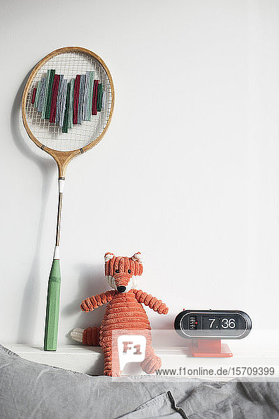 Badminton racket with wool heart  soft toy and vintage alarm clock