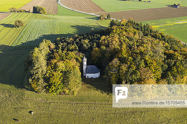 Germany  Bavaria  Ascholding  Aerial view of Saint Georg Chapel hidden in autumn grove