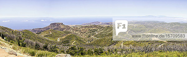 Spain  Canary Islands  La Gomera  Winding road in front of Table Mountain seen from summit of Garajonay