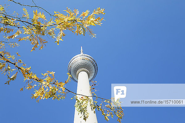 Germany Berlin Low angle view of Berlin TV Tower standing against clear blue sky