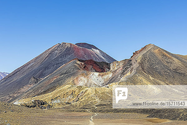 New Zealand  Oceania  North Island  Tongariro National Park  North Island Volcanic Plateau  Tongariro Alpine Crossing Trail  Central Crater with Red Crater and Mount Ngauruhoe volcano and Mount Tongariro in background