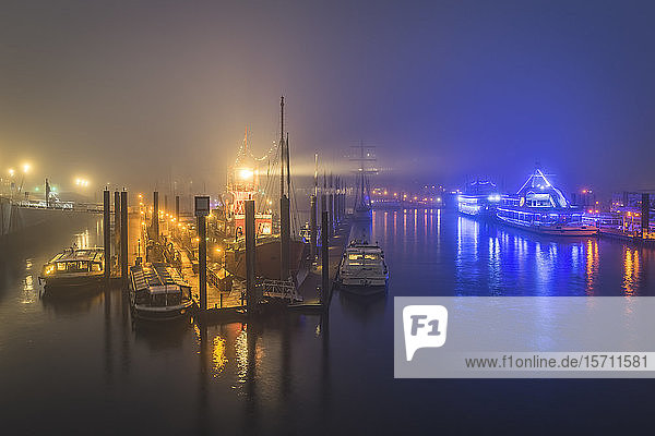 Germany  Hamburg  Hafencity  Harbor illuminated on foggy night