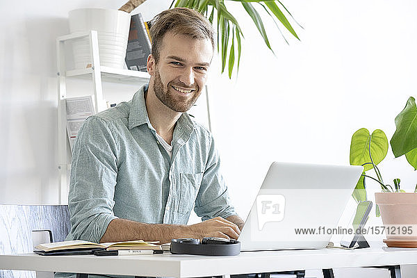 Portrait of smiling man using laptop at desk in office