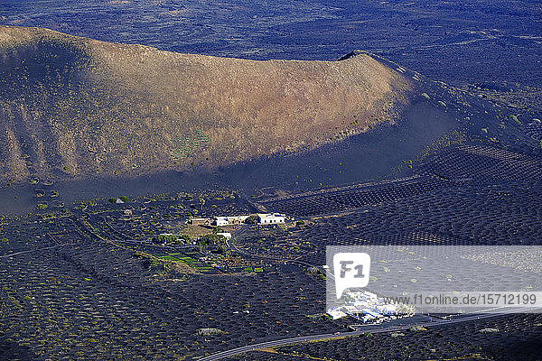 Spanien, Kanarische Inseln, Lanzarote, Region La Geria, Hochwinkelansicht von Weinbergen und Hügeln