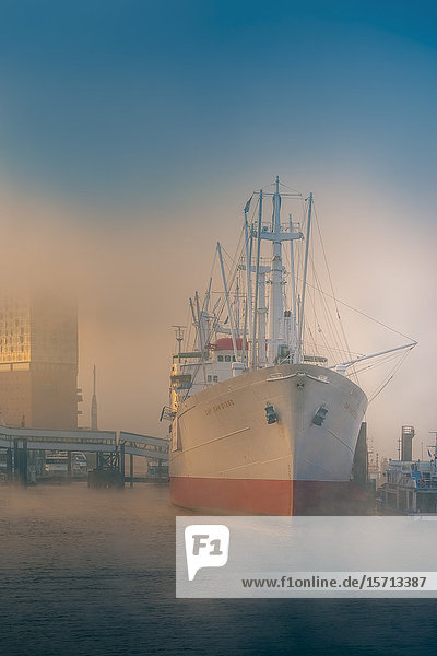 Elbphilharmonie and Cap San Diego in fog Hamburg Germany Europe