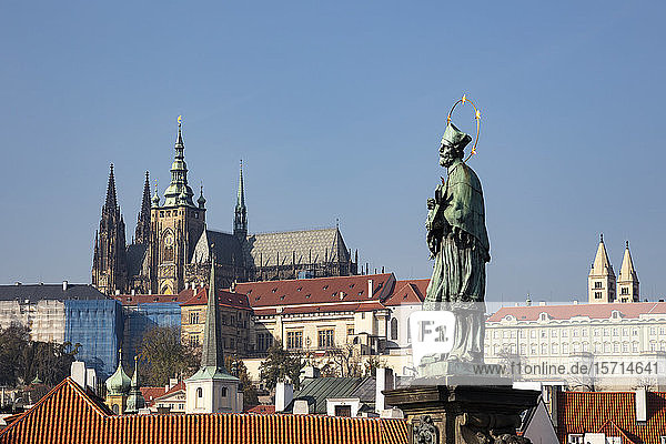 Czech Republic  Prague  St. Vitus Cathedral and St. John Nepomuk statue