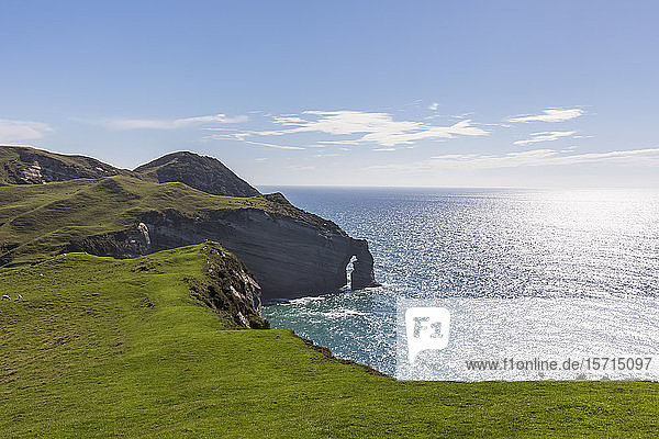 New Zealand  Cliffs and natural arch of Cape Farewell headland on sunny day