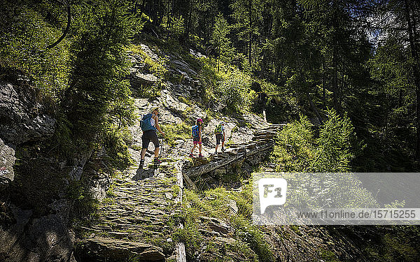 Mutter mit zwei Kindern beim Wandern in alpiner Landschaft  Passeiertal  Südtirol  Italien