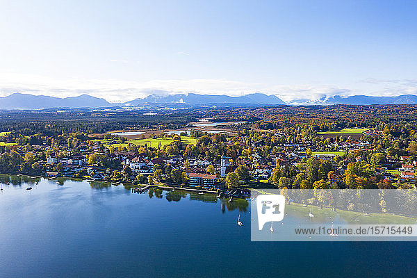 Germany  Bavaria  Seeshaupt  Aerial view of town on shore of Lake Starnberg