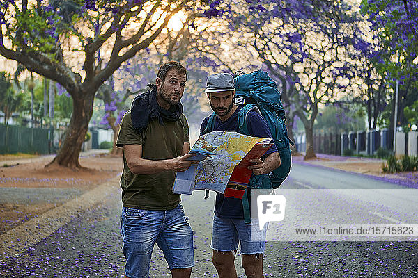 Backpackers with map on a street  Pretoria  Südafrika