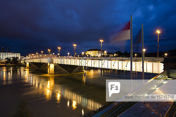 Austria  Upper Austria  Linz  Nibelungenbrucke bridge crossing Danube river at night