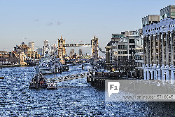 UK  England  London  Harbor with ship and Tower bridge in background