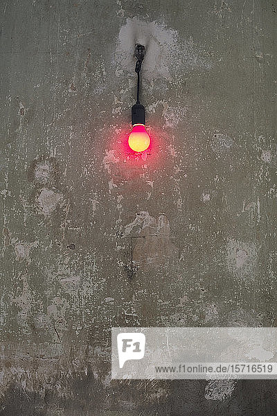 Deutschland  Berlin  Kreuzberg  Rote Glühbirne auf alter Mauer