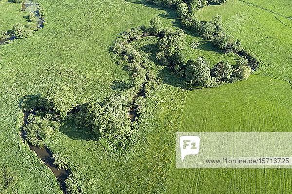 Deutschland  Bayern  Luftaufnahme des Roten Mains  der sich über grüne Wiesen schlängelt