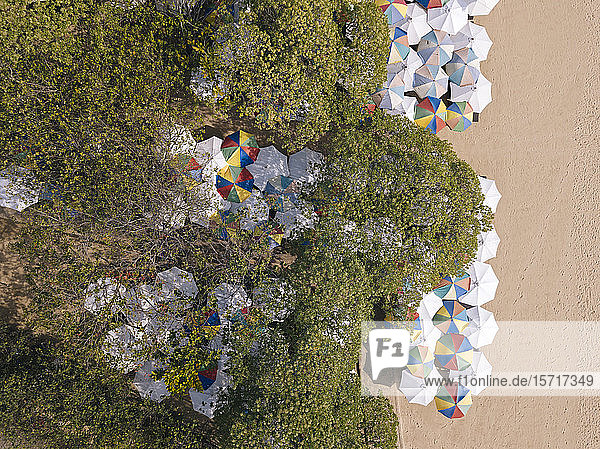 Indonesia Bali Nusa Dua Aerial view of umbrellas on beach