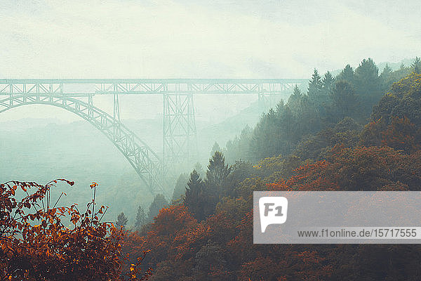 Brücke und Nebel im Herbst