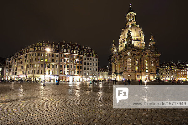 Germany  Saxony  Dresden  Neumarkt and Frauenkirche illuminated at night