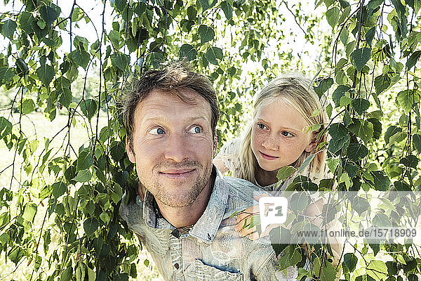 Vater trägt Tochter huckepack unter einer Birke
