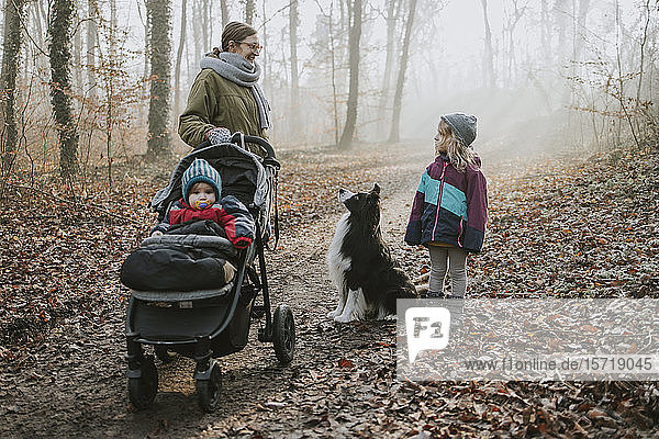 Mutter mit Töchtern und Border Collie beim Waldspaziergang im Herbst