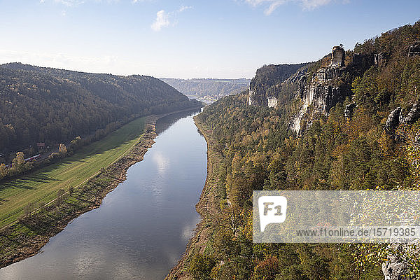 Germany  Saxony  Rathen  Scenic view of Elbe Valley in autumn seen from Bastei rock formation