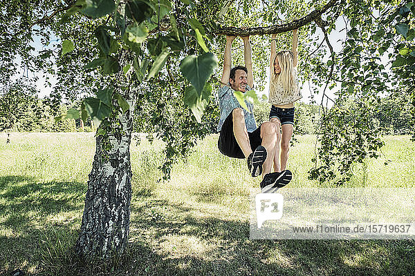Vater und Tochter hängen an einem Birkenzweig