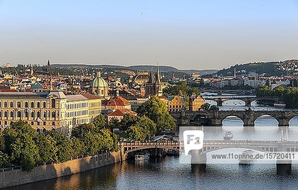 City view with bridges over the Vltava River  Charles Bridge with Old Town Bridge Tower  Prague  Bohemia  Czech Republic  Europe