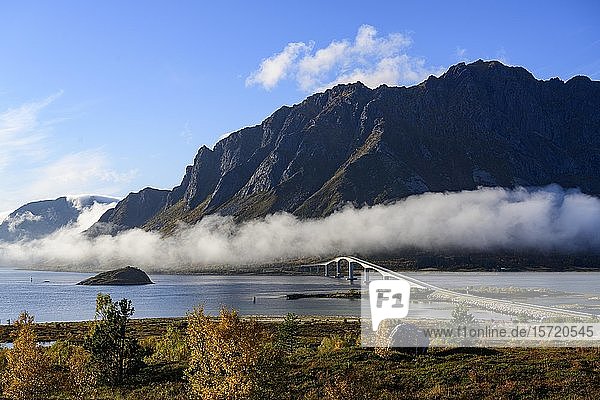 Berglandschaft im Herbst mit Brücke über das Meer  Nebelschwaden  Norwegischer Fjord  Vestvagoy  Lofoten  Nordland  Norwegen  Europa